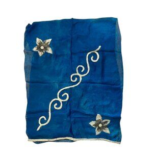 NEW Kyrgyz Blue Silk Scarf Shawl w/ Ivory and Black Felted Wool Flowers